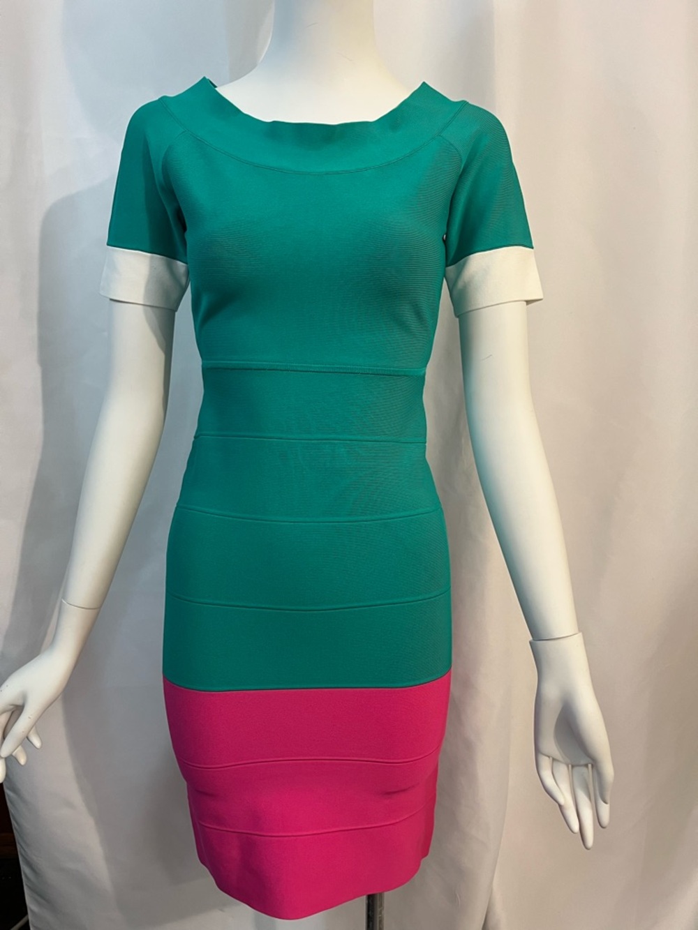 BCBGMaxAzria Teal and Hot Pink Colorblock Bandage Midi Dress Bodycon